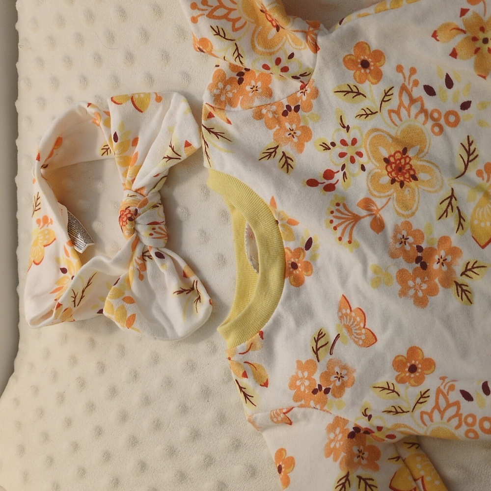 Le Top Yellow and Orange Floral Set With Headband, 0-3M